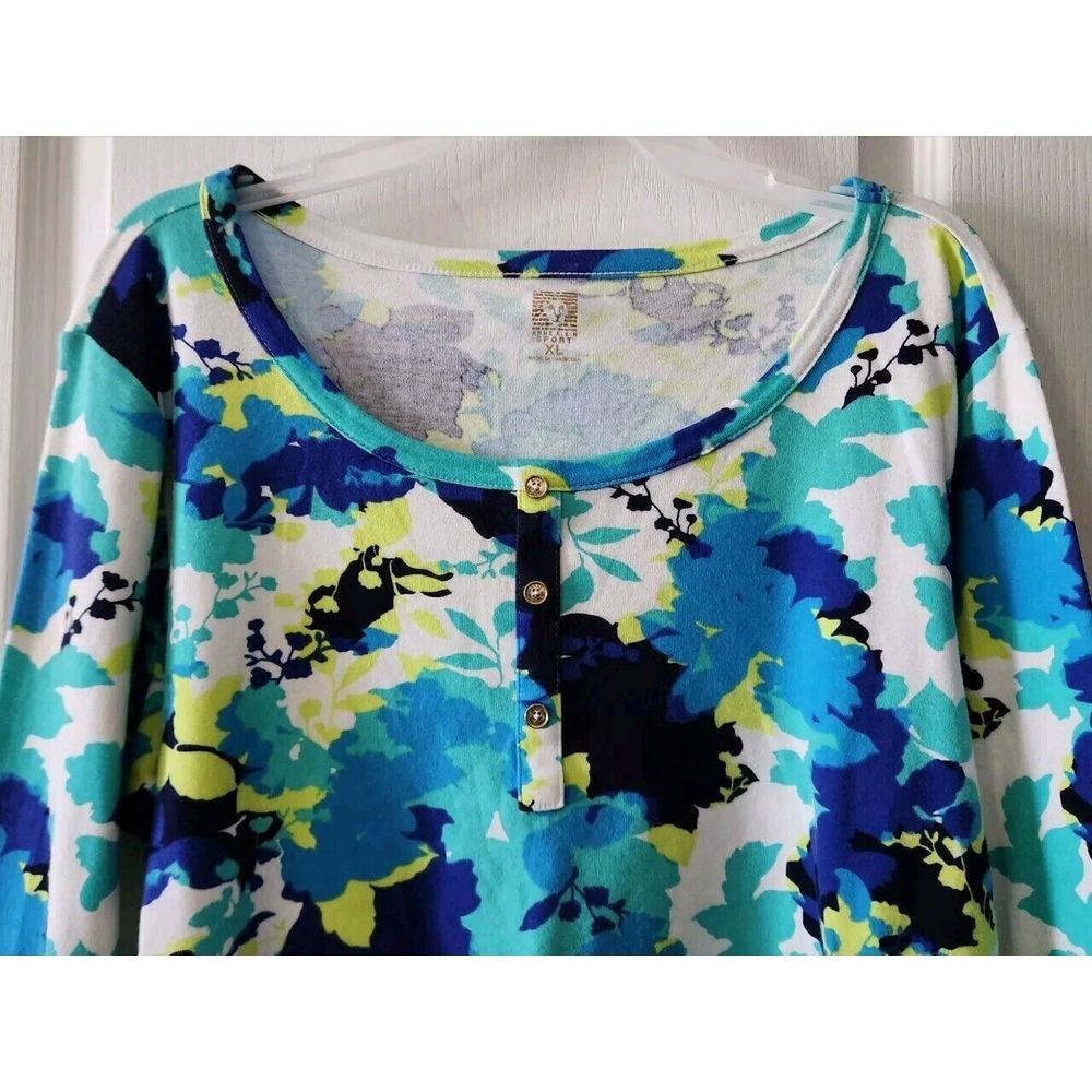 Anne klein‎ Women's Floral Top Round Neck Long Sleeve Cotton Blue Green Size XL - Picture 3 of 8
